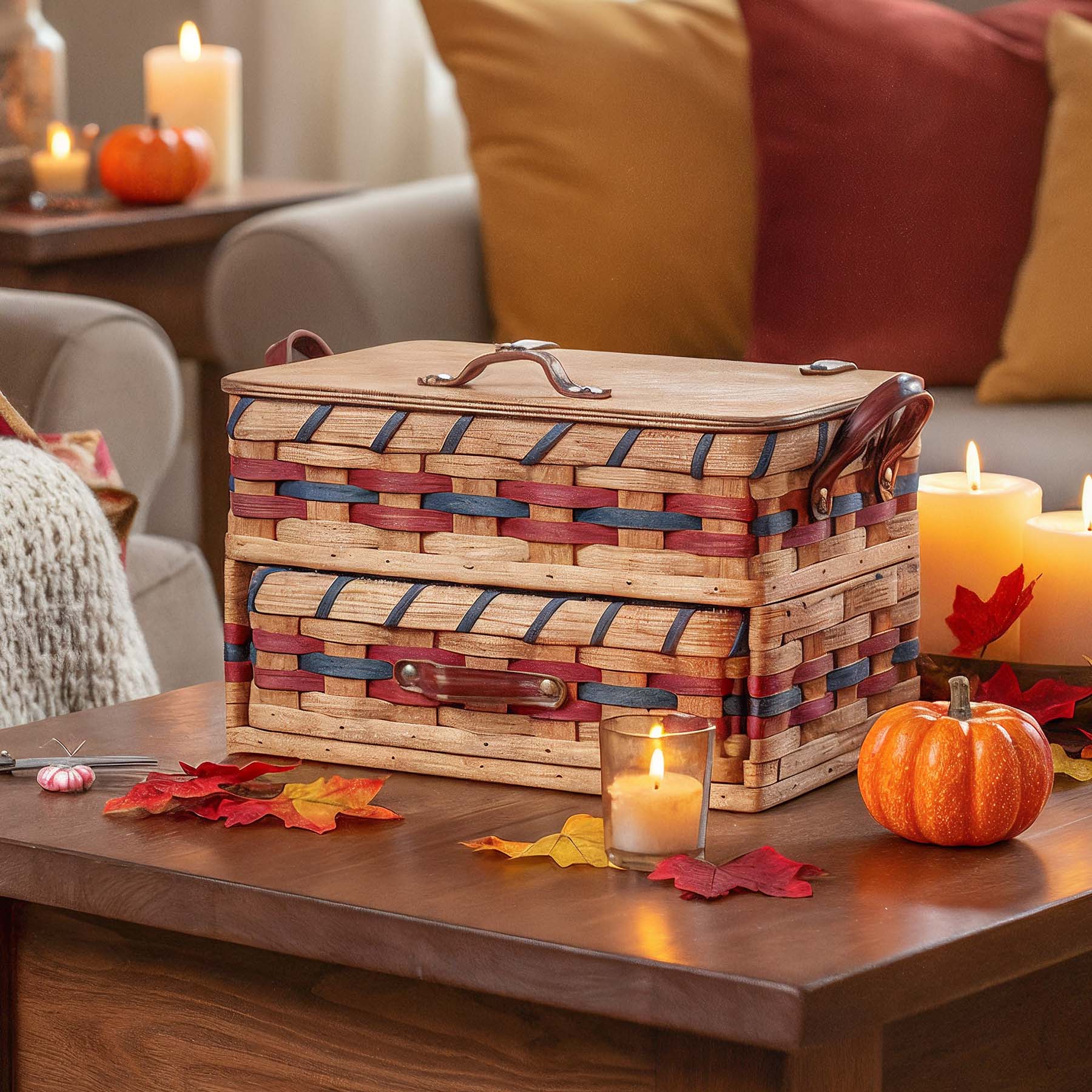 Craft & Sewing Organizer | Amish Woven Storage Basket w/Drawer Wine & Blue