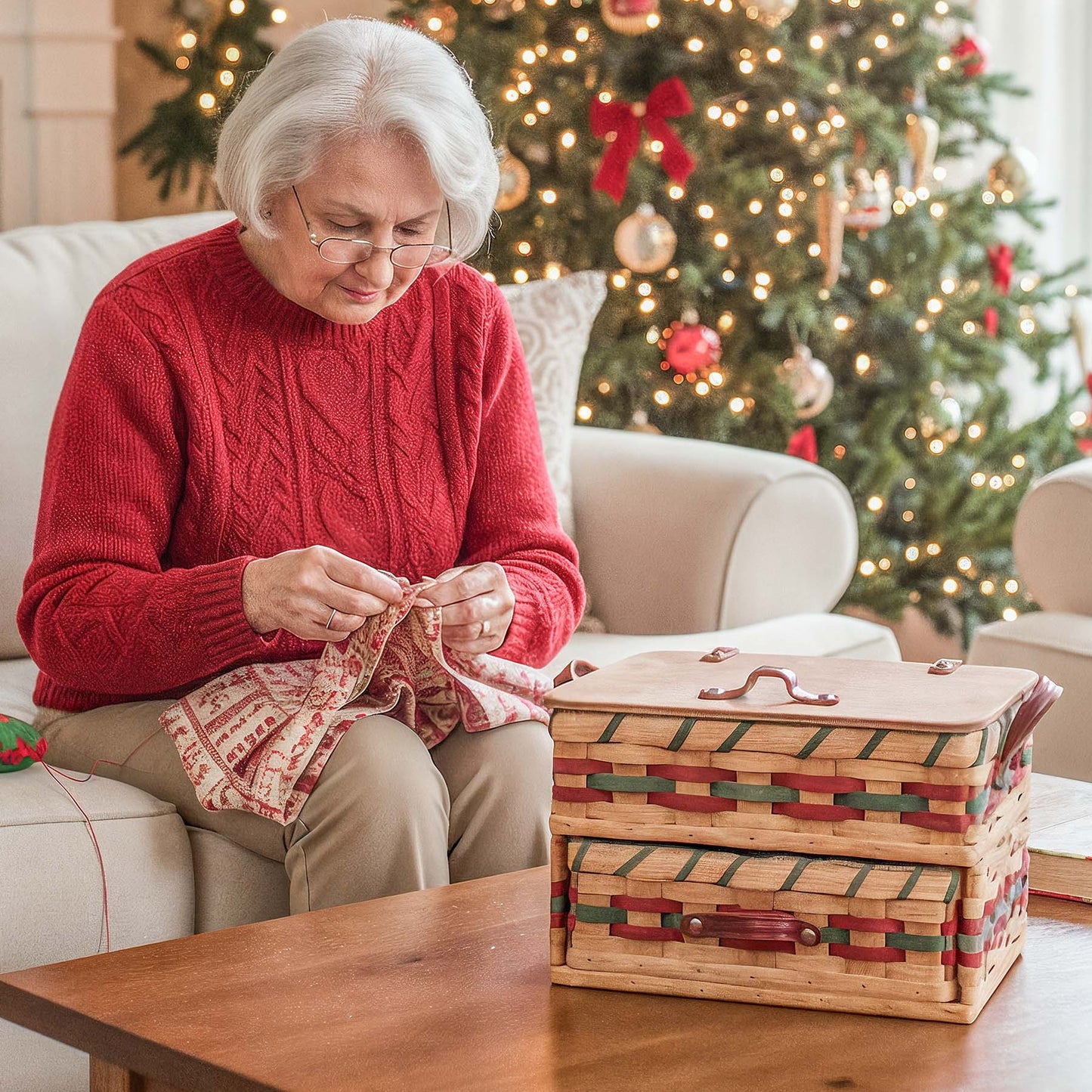 Craft & Sewing Organizer | Amish Woven Storage Basket w/Drawer Wine & Green