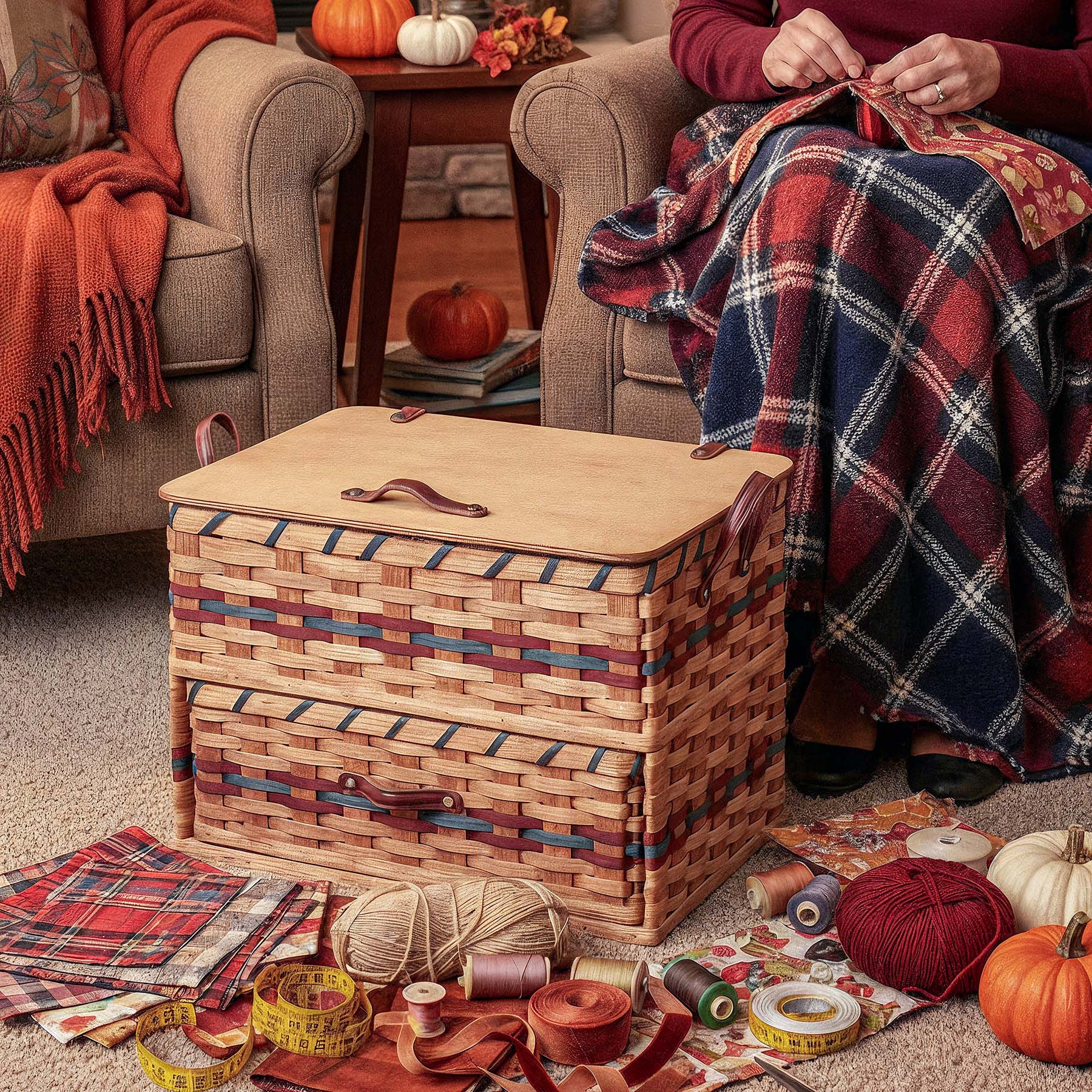 Extra Large Sewing & Craft Box | Organization & Storage Basket w/Drawer Wine & Blue