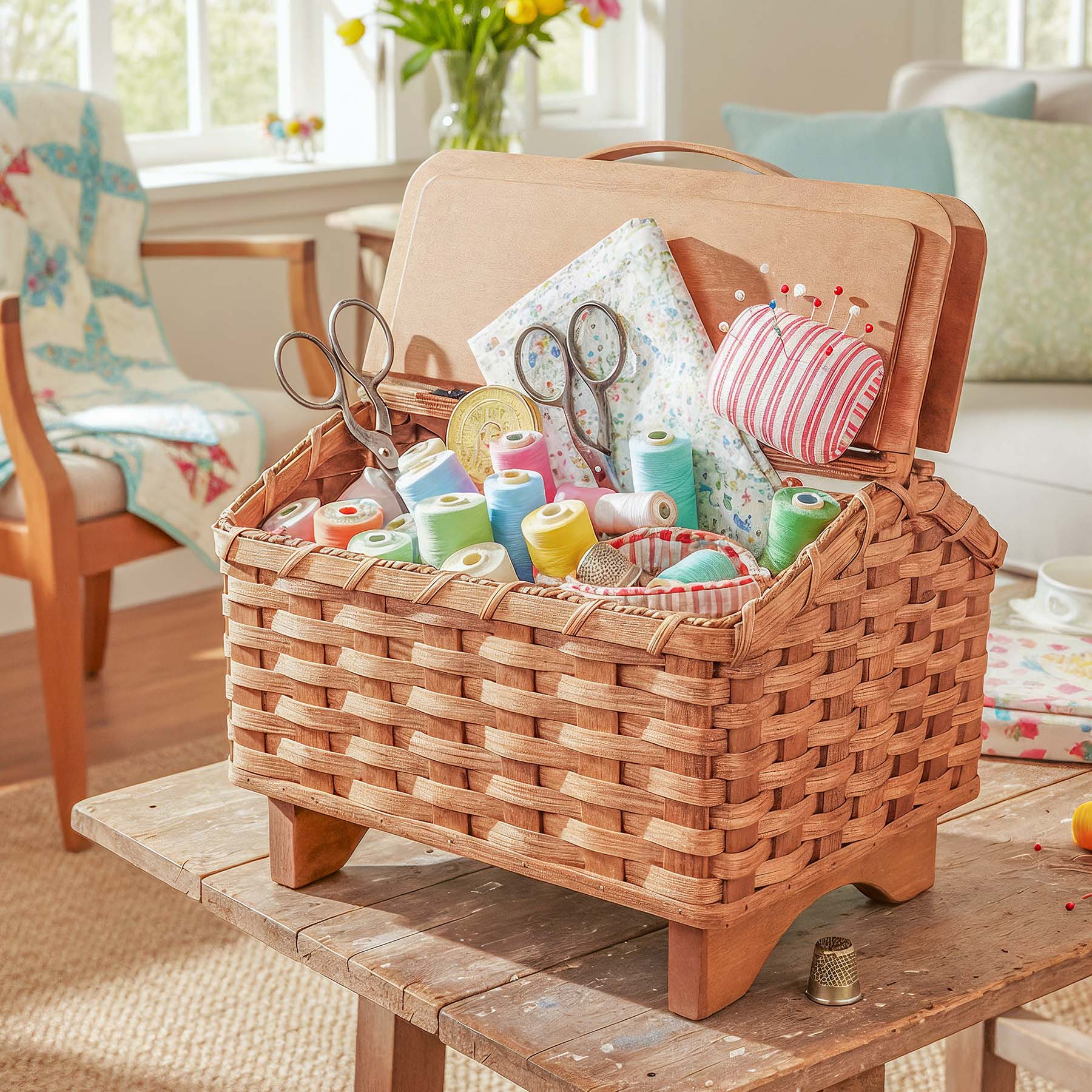 Grandma's Sewing Box | Vintage Woven Wood Old-Style Sewing Basket Plain