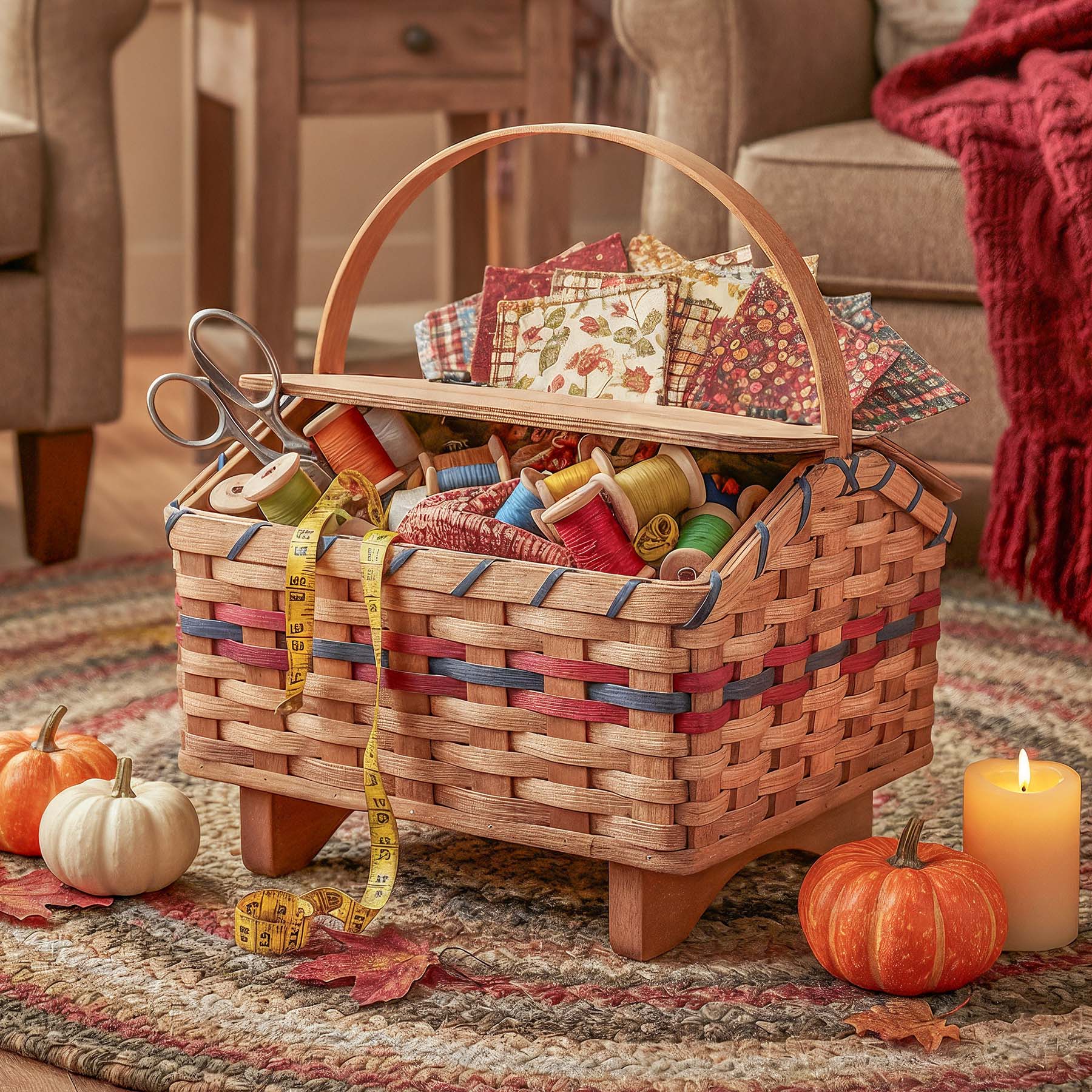 Grandma's Sewing Box | Vintage Woven Wood Old-Style Sewing Basket Wine & Blue