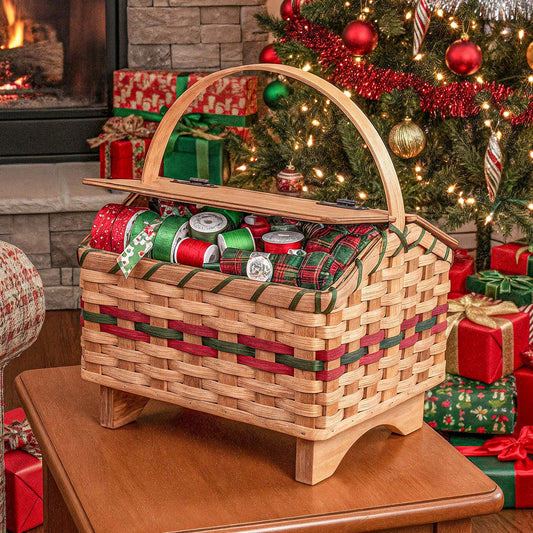 Grandma's Sewing Box | Vintage Woven Wood Old-Style Sewing Basket Wine & Green