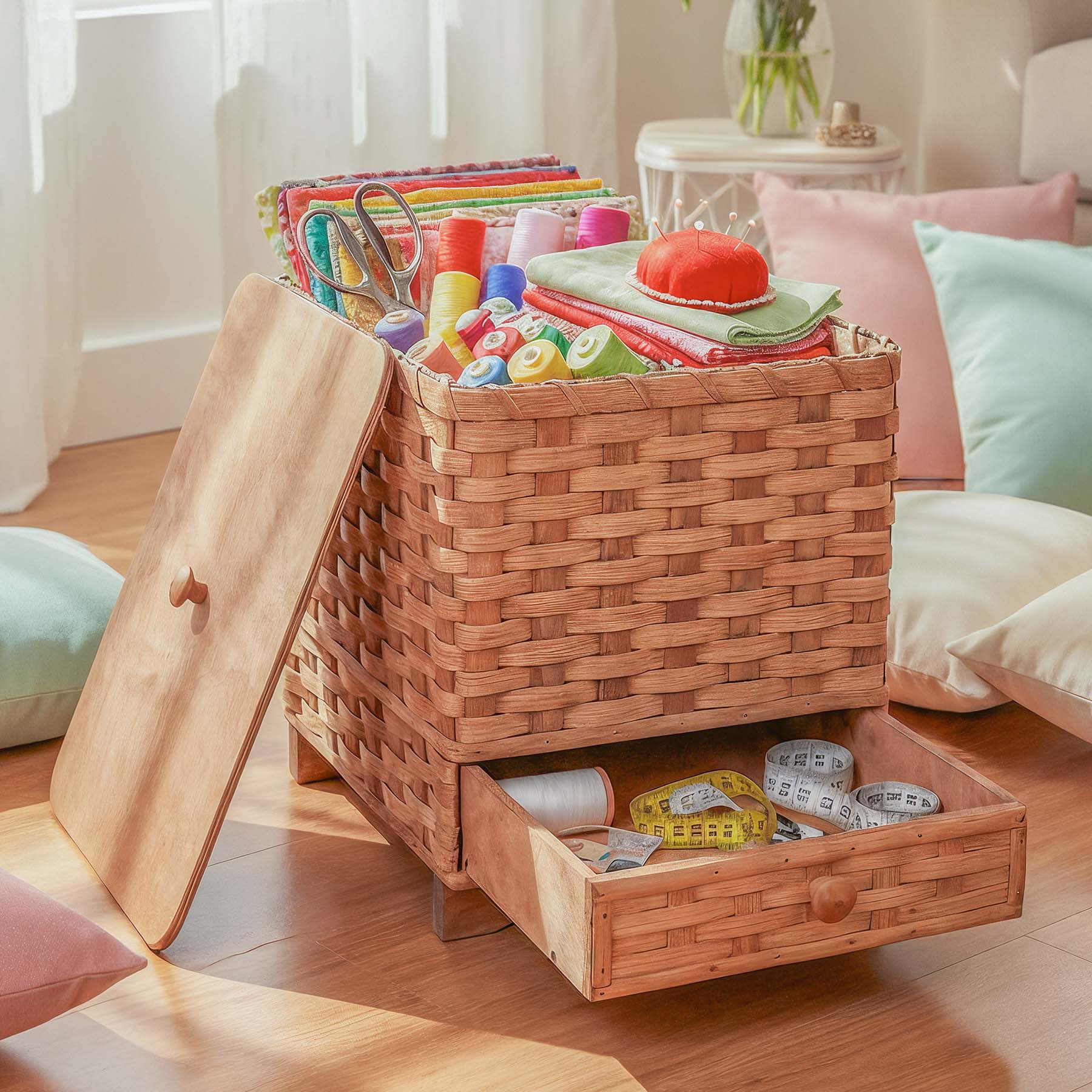 Large Sewing Chest | Vintage Amish Wicker Storage With Drawer Plain
