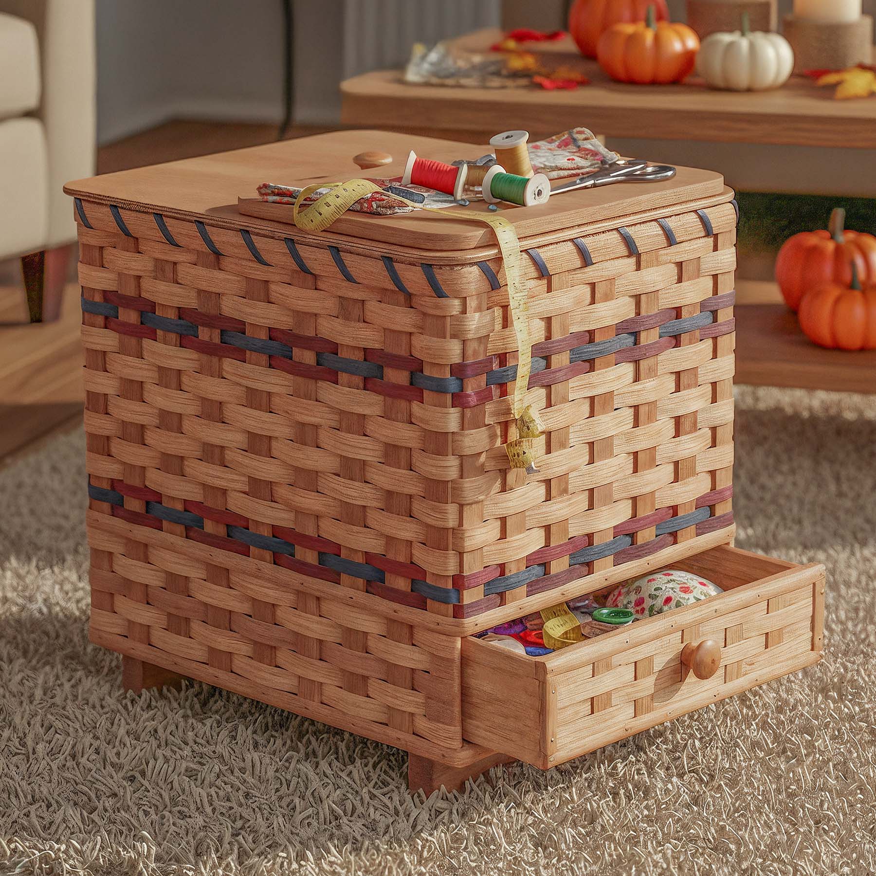 Large Sewing Chest | Vintage Amish Wicker Storage With Drawer Wine & Blue