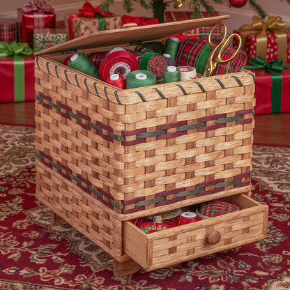 Large Sewing Chest | Vintage Amish Wicker Storage With Drawer Wine & Green