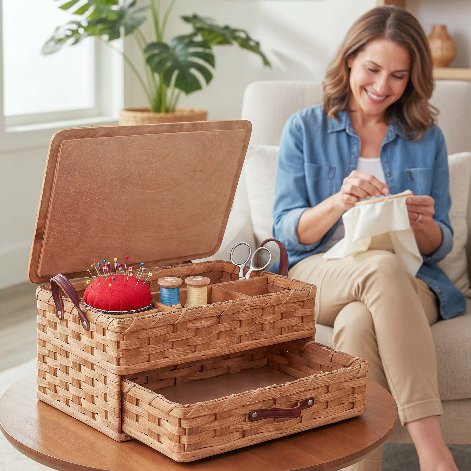 Large Sewing & Craft Basket | Sewing Organizer Box w/Drawer Plain