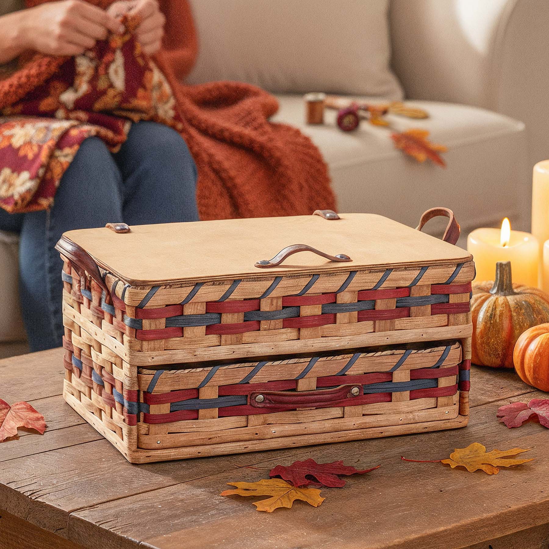 Large Sewing & Craft Basket | Sewing Organizer Box w/Drawer Wine & Blue