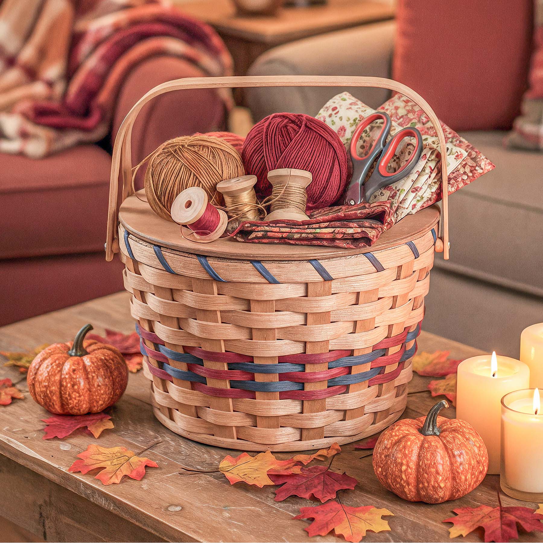 Round Sewing & Knitting Basket | Large Amish Woven Wooden Basket Wine & Blue