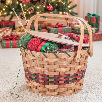 Round Sewing & Knitting Basket | Large Amish Woven Wooden Basket Wine & Green