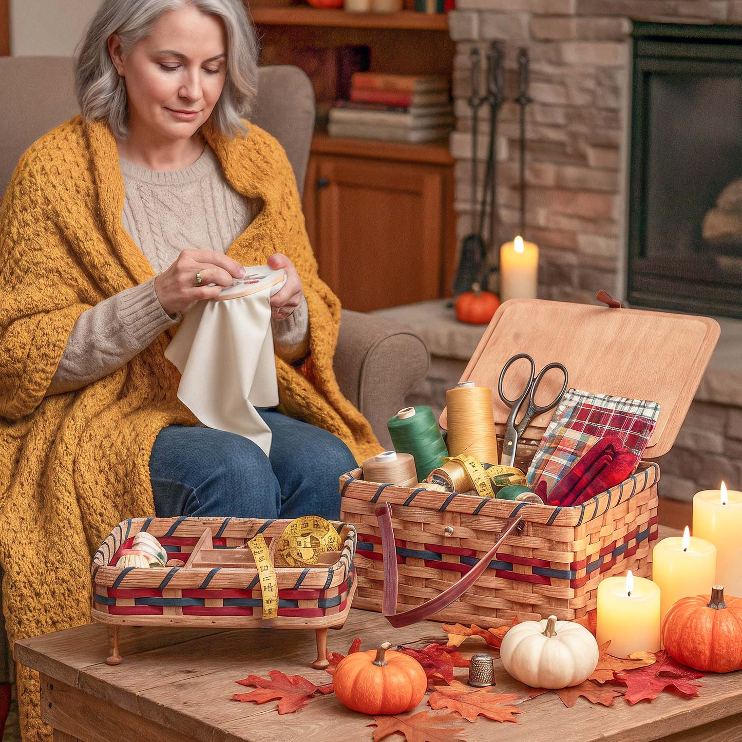 Vintage Sewing Basket | Large Amish Sewing Box w/Organizer Tray Wine & Blue