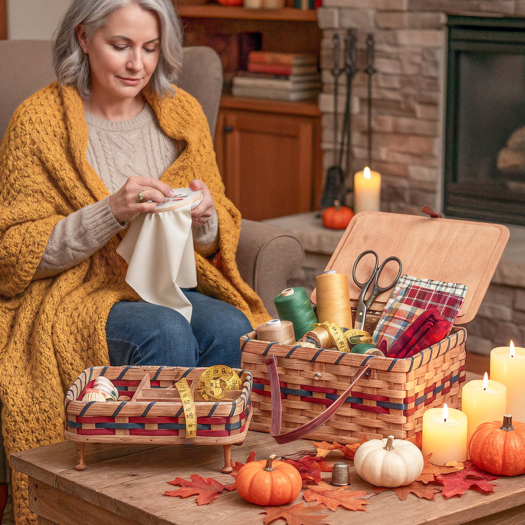 Vintage Sewing Basket | Large Amish Sewing Box w/Organizer Tray Wine & Blue