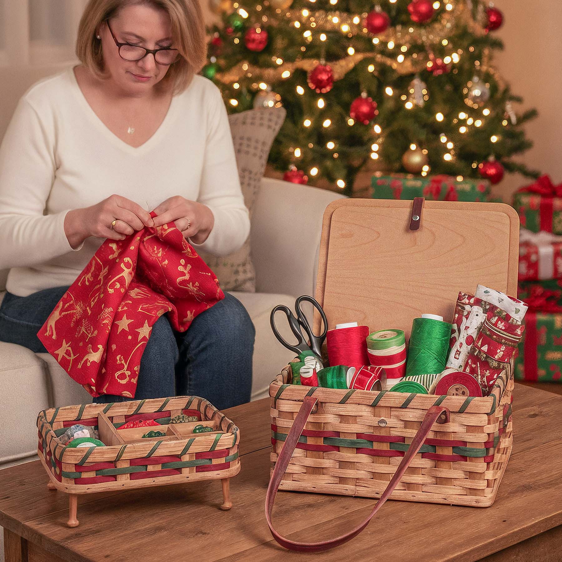Vintage Sewing Basket | Large Amish Sewing Box w/Organizer Tray Wine & Green