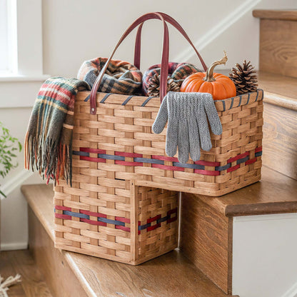 Large Wicker Stair Basket | Amish Woven Step Organizer Wine & Blue