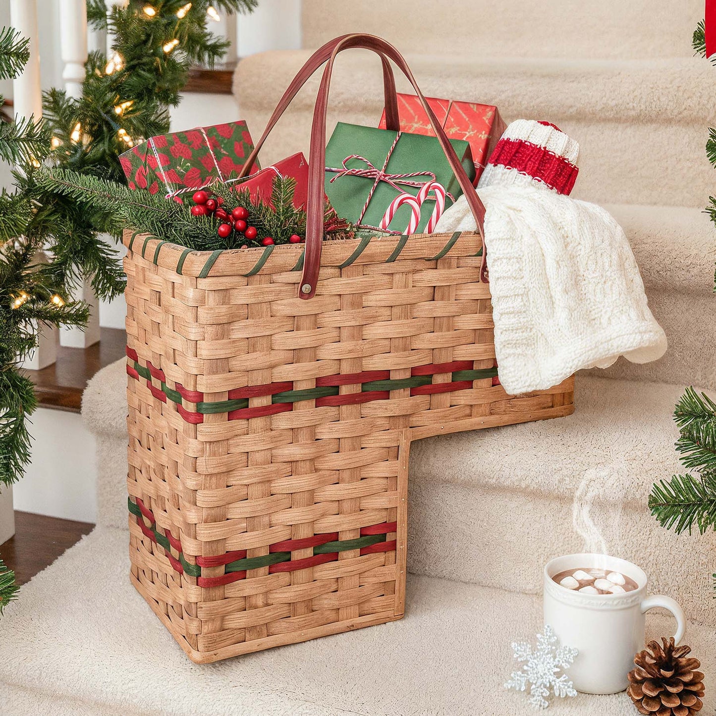 Large Wicker Stair Basket | Amish Woven Step Organizer Wine & Green