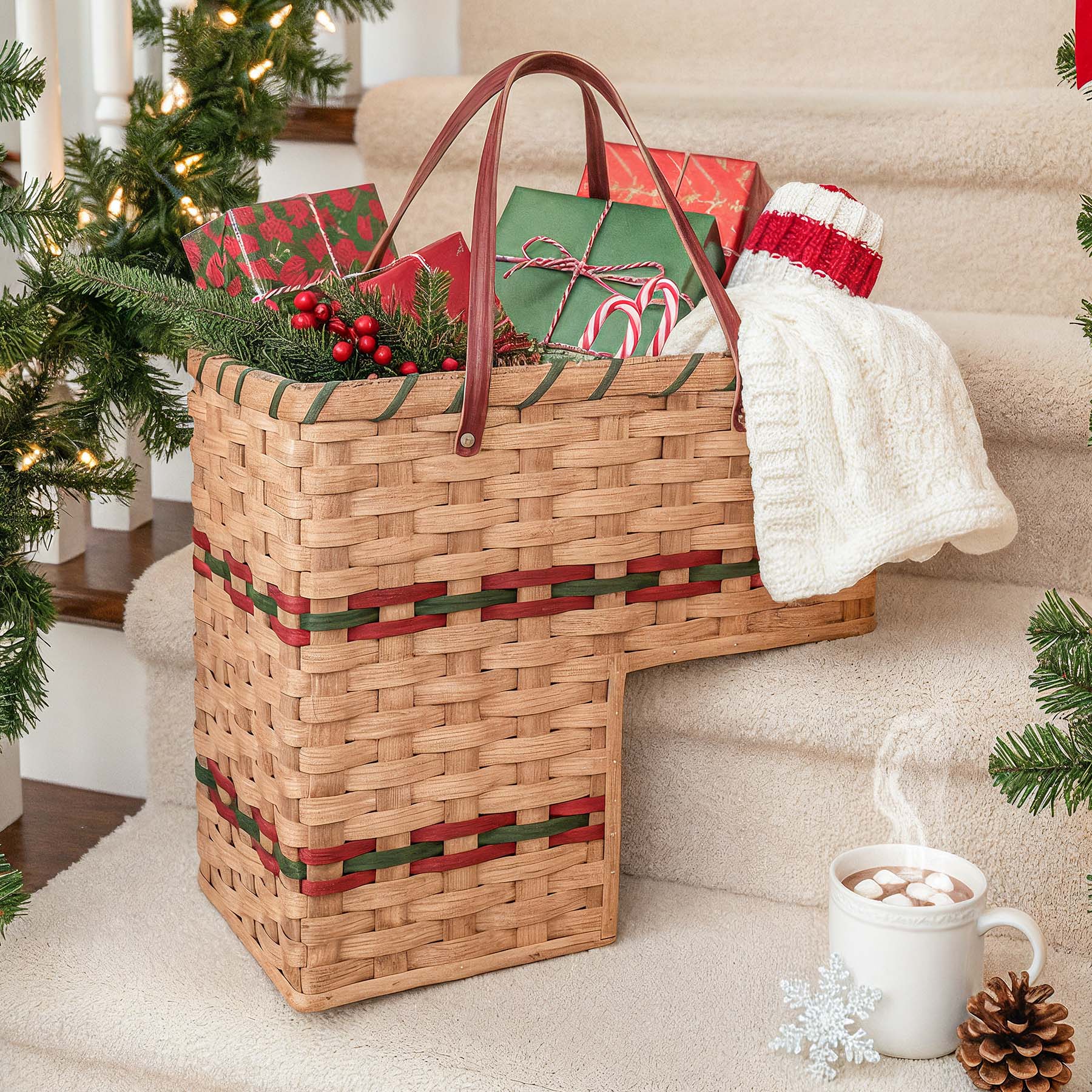 Large Wicker Stair Basket | Amish Woven Step Organizer Wine & Green