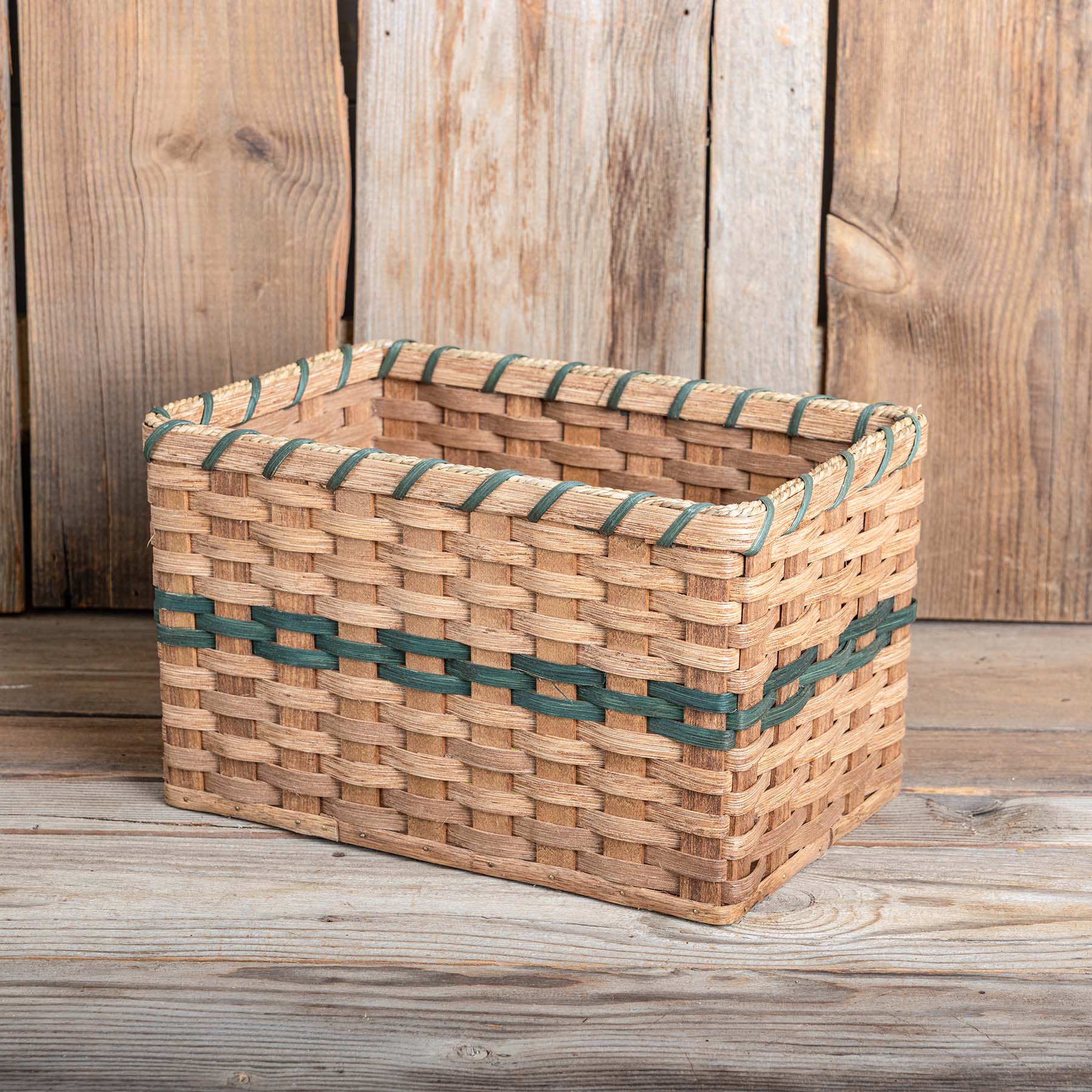 SALE! 15" x 10" x 9" Tall Amish Handmade Rectangle Basket with Green Trim