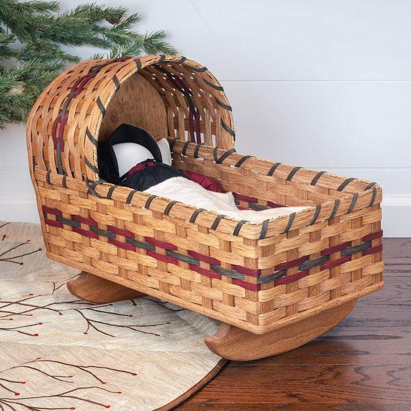 Doll Cradle 18” Amish Handmade Woven Wooden Crib Wine & Blue