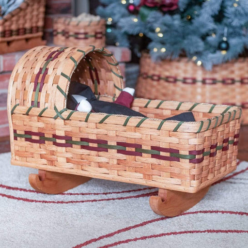 Doll Cradle 18” Amish Handmade Woven Wooden Crib Wine & Green