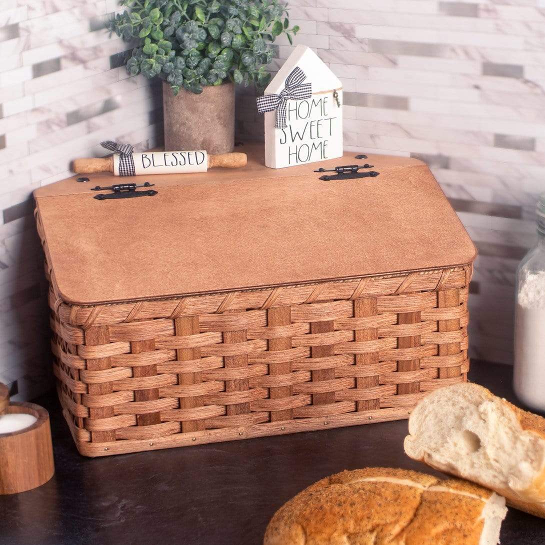 Amish Corner Bread Box | Rustic Woven Wooden Countertop Storage