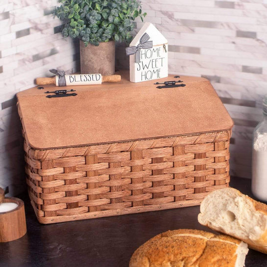 Amish Corner Bread Box | Rustic Woven Wooden Countertop Storage Plain