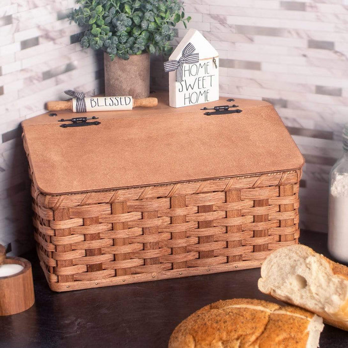 Amish Corner Bread Box | Rustic Woven Wooden Countertop Storage Plain