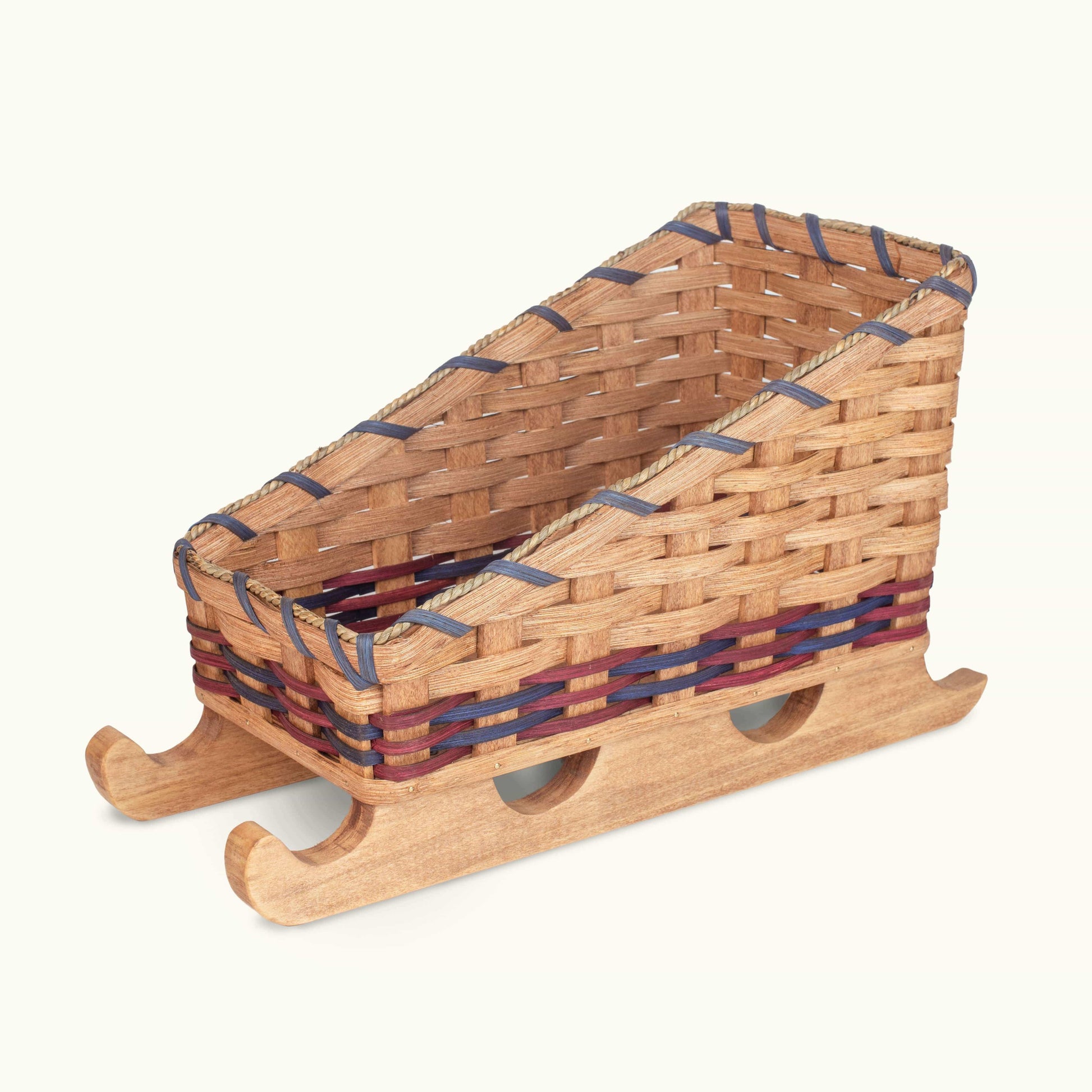 Santa Christmas Sleigh Centerpiece Decor: Amish Woven Wood Wine & Blue