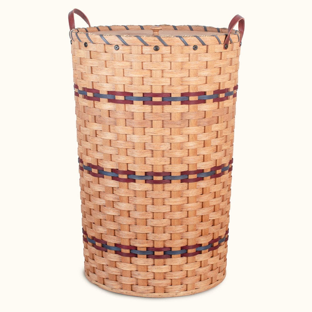 Amish Made Handwoven Large Round Wicker Hamper with Lid Wine & Blue