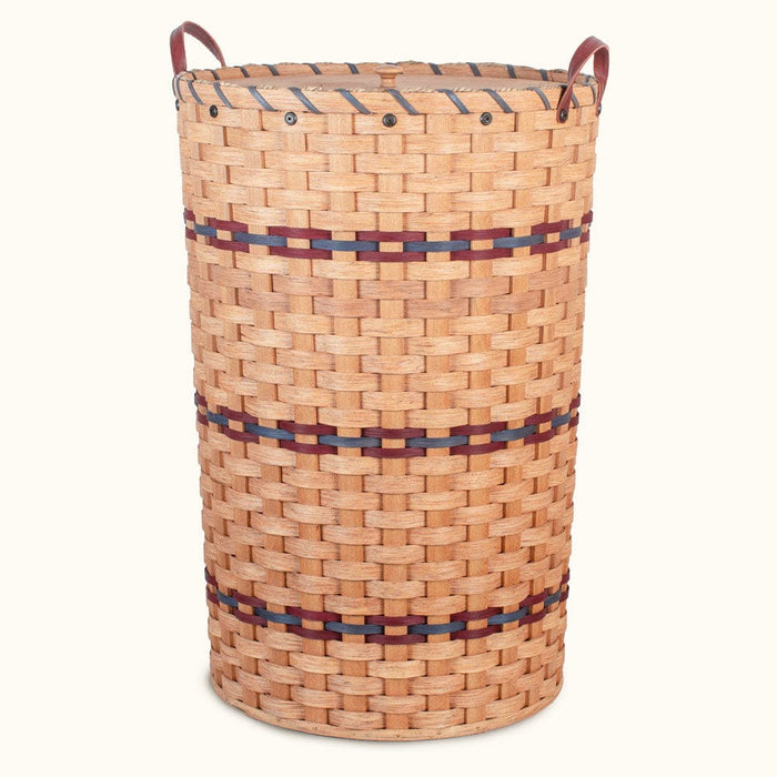 Amish Made Handwoven Large Round Wicker Hamper with Lid Wine & Blue