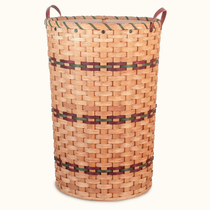 Amish Made Handwoven Large Round Wicker Hamper with Lid Wine & Green