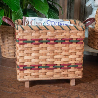 Floor Magazine Basket with Legs - Amish Woven Wicker Slim Design Wine & Green