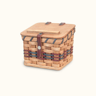Amish Woven Wood Recipe Card Box with Lid Wine & Blue