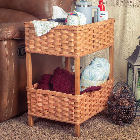 Chairside Crafting Hub | Amish Wicker 2-Tier Storage Basket Side Table Plain