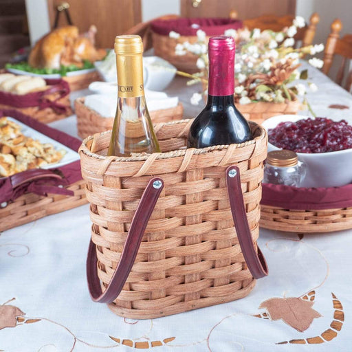 2 Bottle Wine Tote Basket | Amish Woven Wicker Wine Carrier Plain