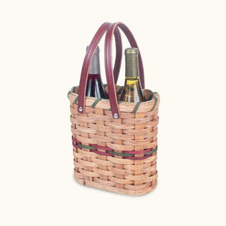 2 Bottle Wine Tote Basket | Amish Woven Wicker Wine Carrier Wine & Green