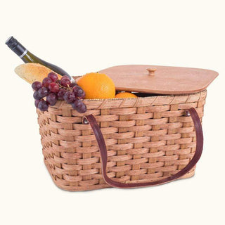 Amish Picnic Basket | Large Classic Wicker Outdoor Tote With Lid Plain