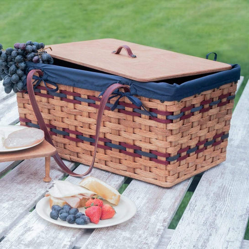 Large Picnic Basket | Family Sized Vintage Amish Wicker Basket Wine & Blue