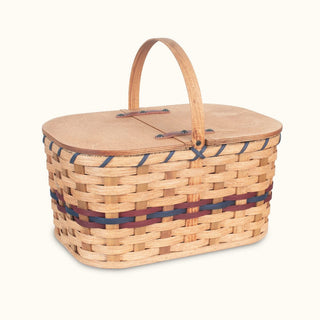 Medium Wicker Picnic Basket | Classic Amish Woven Wood w/Lid Wine & Blue