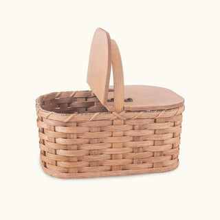 Small Wicker Picnic Basket | Vintage Amish Woven Wood w/Lid Plain