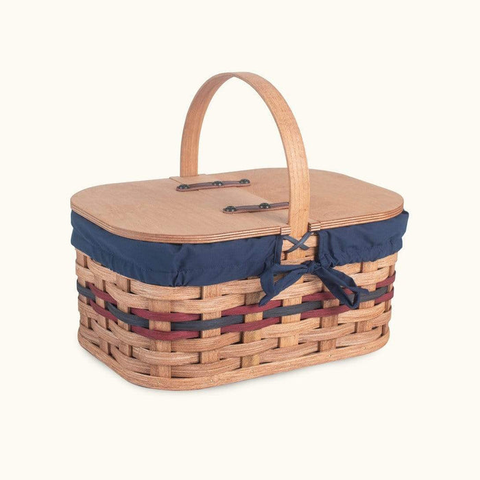 Small Wicker Picnic Basket | Vintage Amish Woven Wood w/Lid Wine & Blue
