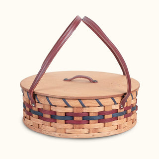 Single Pie Basket | Amish Woven Wooden Pie Carrier w/Lid Wine & Blue