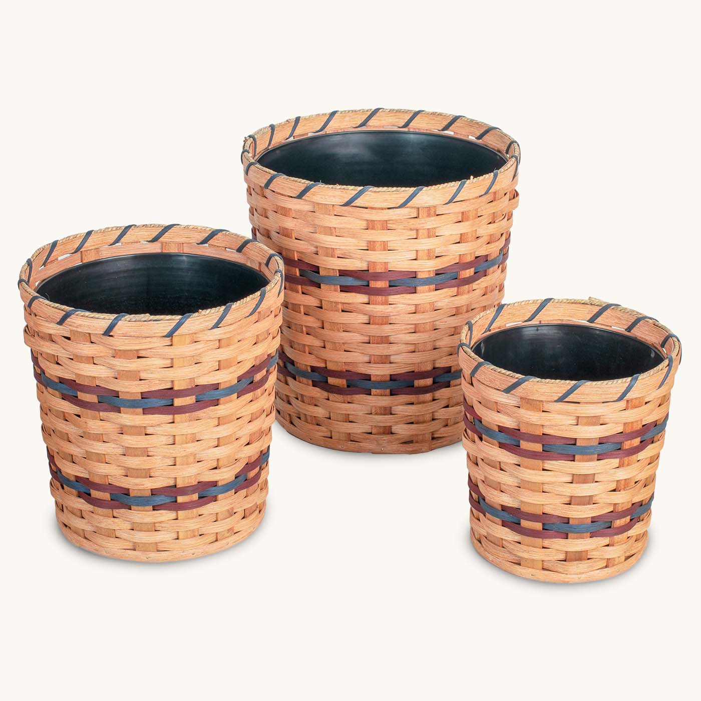 3-Piece Basket Planter Set | Round Woven Wicker Plant Baskets Wine & Blue