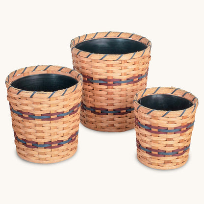3-Piece Basket Planter Set | Round Woven Wicker Plant Baskets Wine & Blue