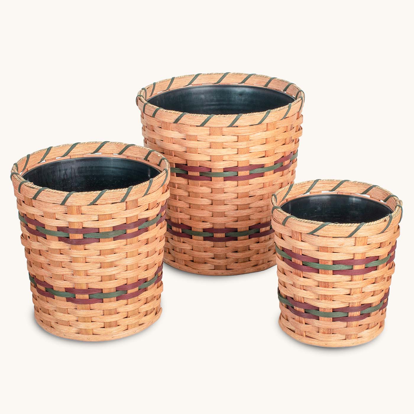 3-Piece Basket Planter Set | Round Woven Wicker Plant Baskets Wine & Green