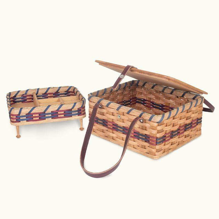 Amish Made Large Vintage Sewing Basket Organizer with Tray Wine & Blue
