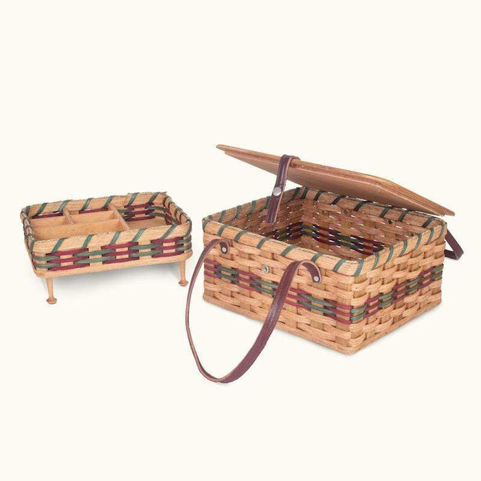 Amish Made Large Vintage Sewing Basket Organizer with Tray Wine & Green
