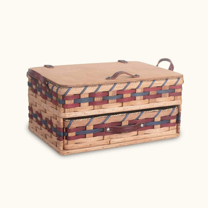 Large Amish Sewing and Craft Basket Organizer Box with Drawer Wine & Blue