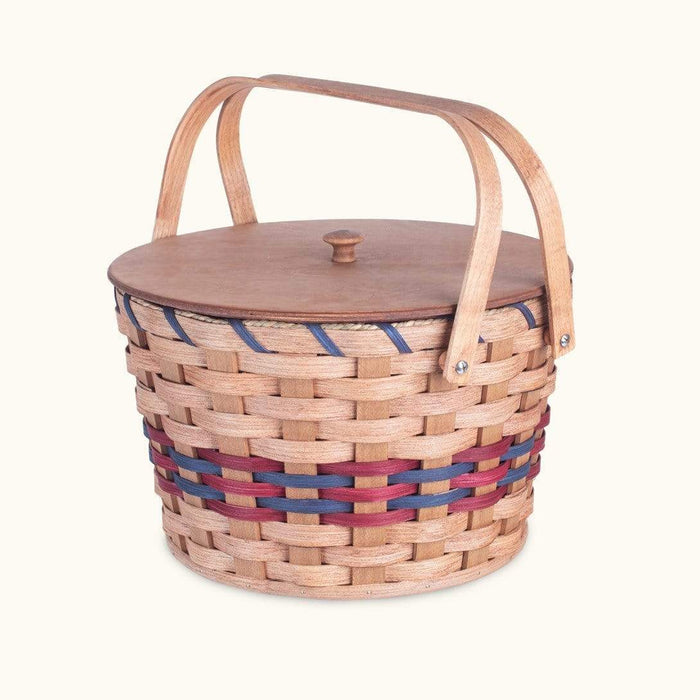 Round Sewing & Knitting Basket | Large Amish Wicker Basket w/Lid Wine & Blue