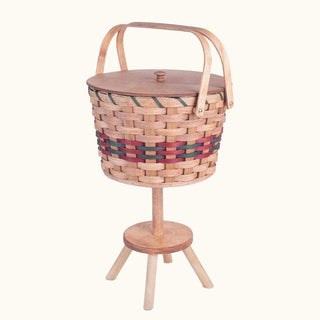 Sewing & Knitting Basket w/Stand | Large Round Vintage Amish Wicker Wine & Green