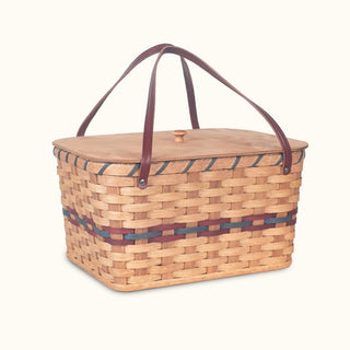 Amish Woven Wicker Trunk Storage Organizer Basket with Lid Wine & Blue