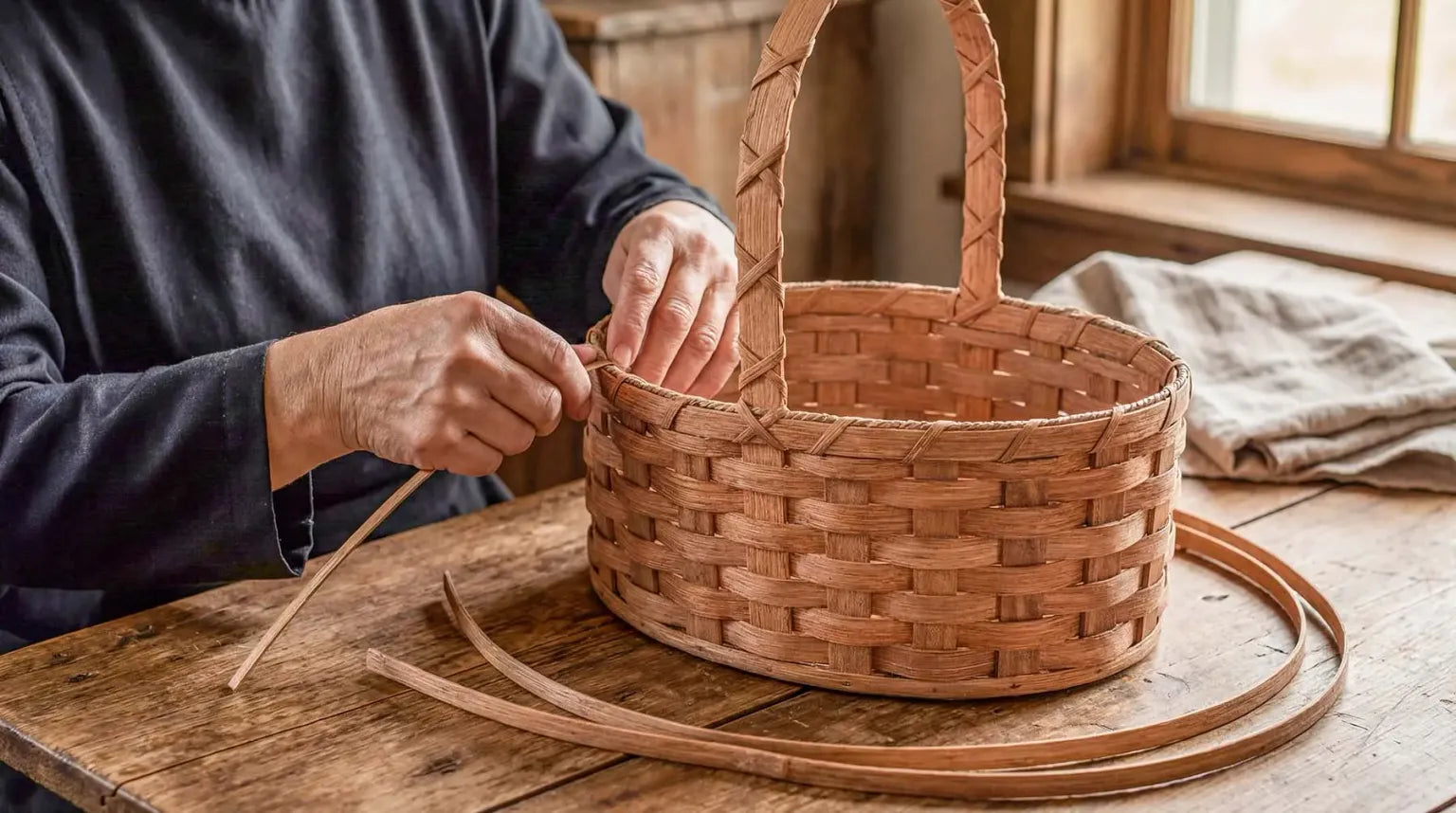 Amish woman hand-weaving a basket